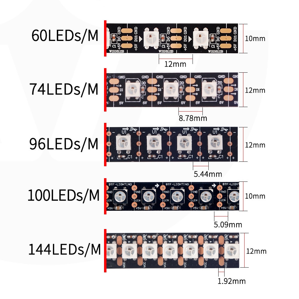 WS2812B Digital RGB LED Strip, 5V, 144/60/30 LEDs/m Density Available